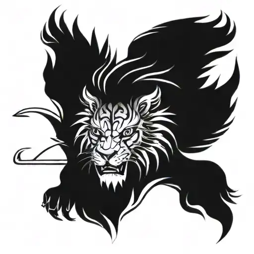 A god-like figure with the head of a lion, body of a tiger, and wings of a wolf, symbolizing power and unity tattoo design idea