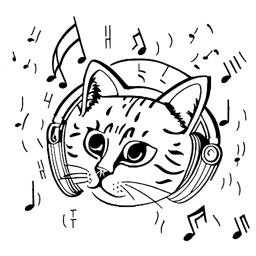 A cat wearing headphones with musical notes forming its fur drinking wine tattoo design idea
