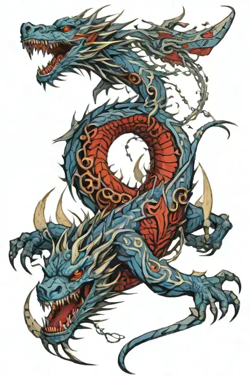 blue dragon slithering down along the arm, viking tribals on overarm, fenrir breaking the chains in the armpit tattoo design idea