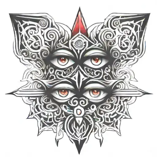 sketch of a tattoo of four left eyes from which smoke comes out, linking them together with shades of red tattoo design idea