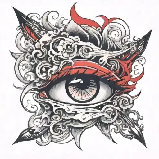 sketch of a tattoo in the style of four left eyes with smoke coming out of them, linking them together with shades of red tattoo design idea