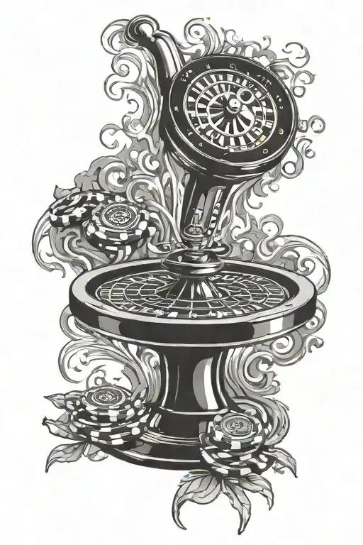 roulette table with smoke rising and chips tattoo design idea