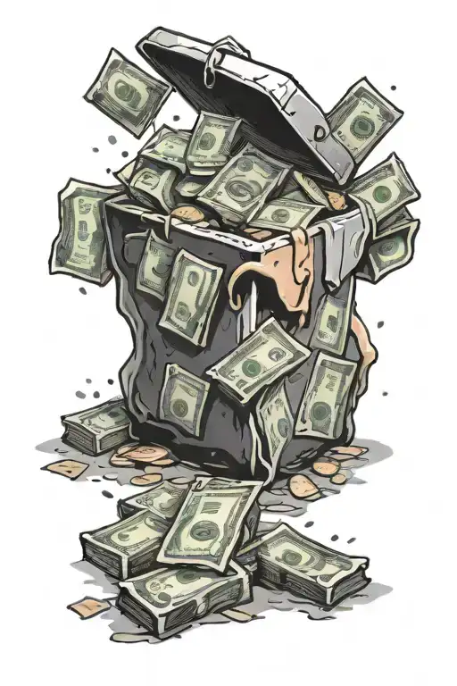 A frosty ice cube melting into a pile of money and prescription pills tattoo design idea