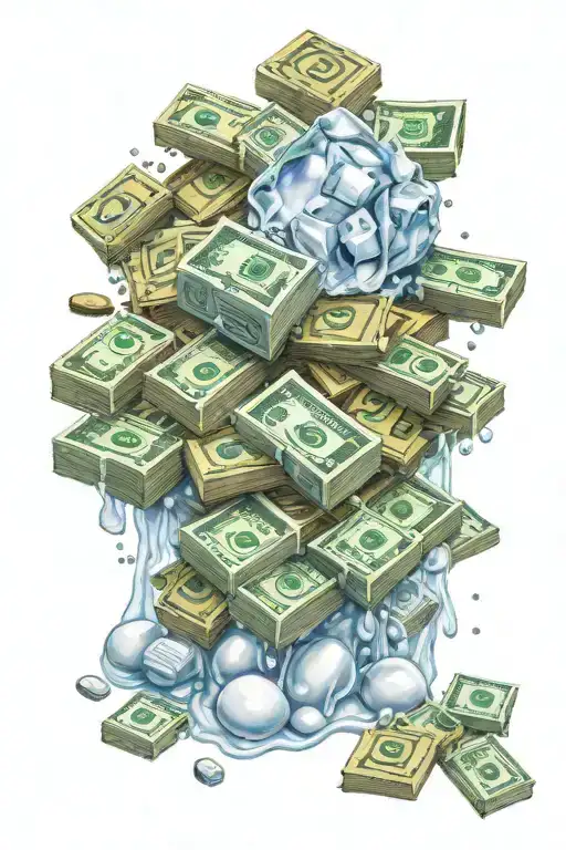A frosty ice cube melting into a pile of money and prescription pills tattoo design idea