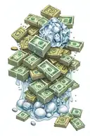 A frosty ice cube melting into a pile of money and prescription pills tattoo design idea