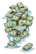 A frosty ice cube melting into a pile of money and prescription pills tattoo design idea