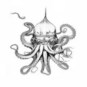 An octopus with intricate tentacles wrapping around a treasure chest tattoo design idea