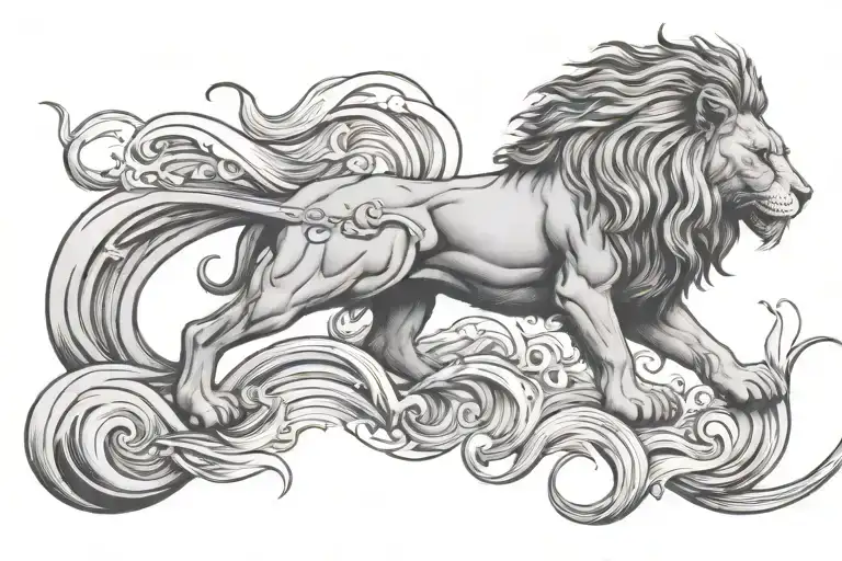 lion with waves flowing holding a sword in his left hand and a sun behinde of him tattoo design idea