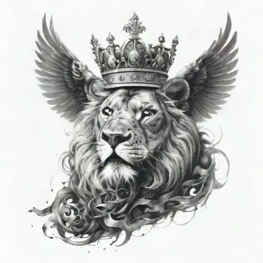 a black lion with a silver crown and a crow made of black smoke flying above him tattoo design idea