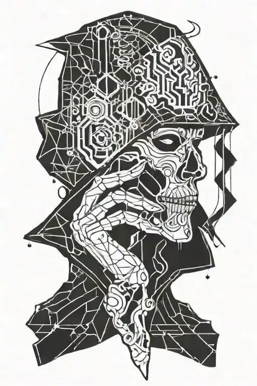 death in a black cloak blindfolded shows a finger near his lips to remain silent tattoo design idea