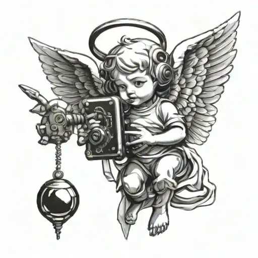 Cherub angel holding a futuristic gadget tattoo design idea