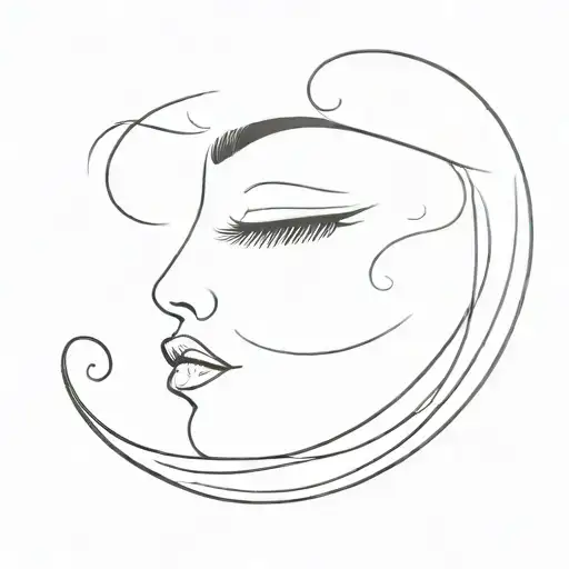 crescent moon. side view. feminine features. eyelashes. prominent nose and lips. simple lines. tattoo design idea
