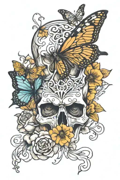 one celtic skull, 3 butterfies, viny poppies wrapped with no leaves  tattoo design idea