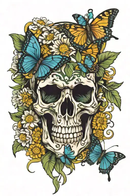 one celtic skull, 3 butterfies, viny daisy wrapped tattoo design idea
