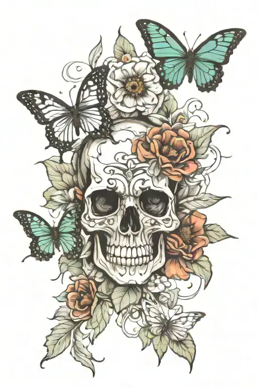 one celtic skull, 3 butterfies, viny poppies wrapped tattoo design idea