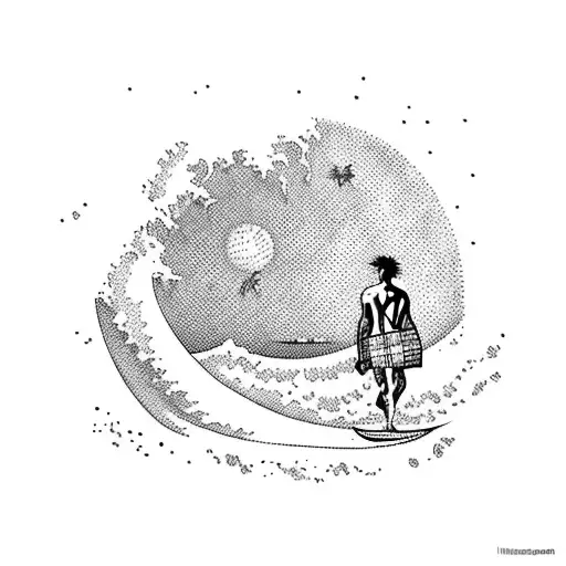 A mystical moonlit beach with palm trees and a surfer catching a wave in a psichodelic state tattoo design idea