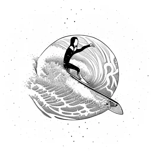 A surreal scene of a surfer riding a wave made of psychedelic patterns and surrounded by vibrant plants tattoo design idea