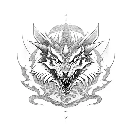 dragon, wolf and a warrior tattoo design idea