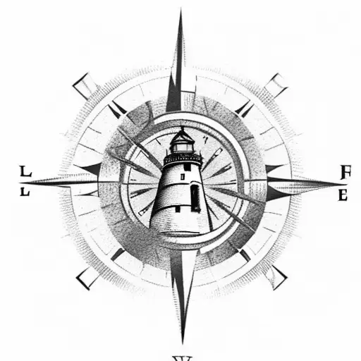 Lighthouse with a compass and mountain tattoo design idea