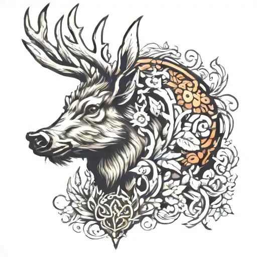 Combination of boar and deer tattoo design idea