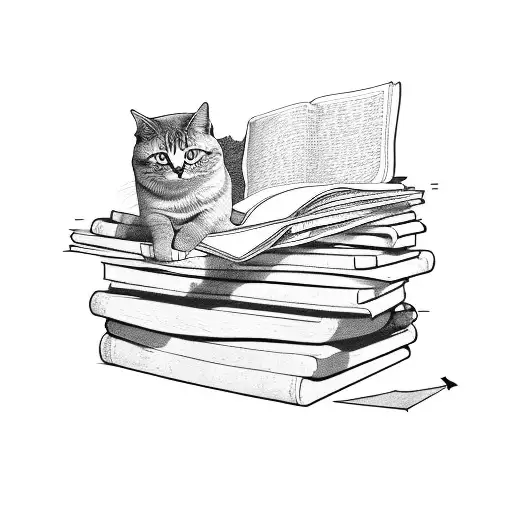 A cat sitting on a pile of books with a melancholic expression tattoo design idea