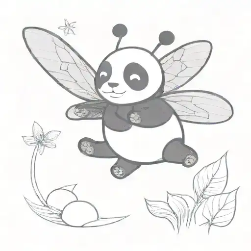 A surreal black-grey piece of a firefly transforming into a panda mid-flight tattoo design idea
