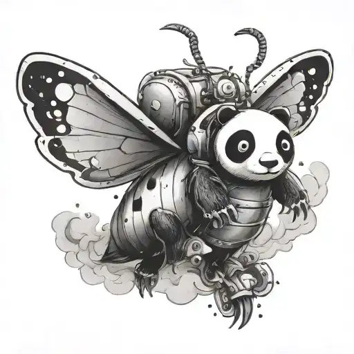 A surreal black-grey piece of a firefly transforming into a panda mid-flight tattoo design idea