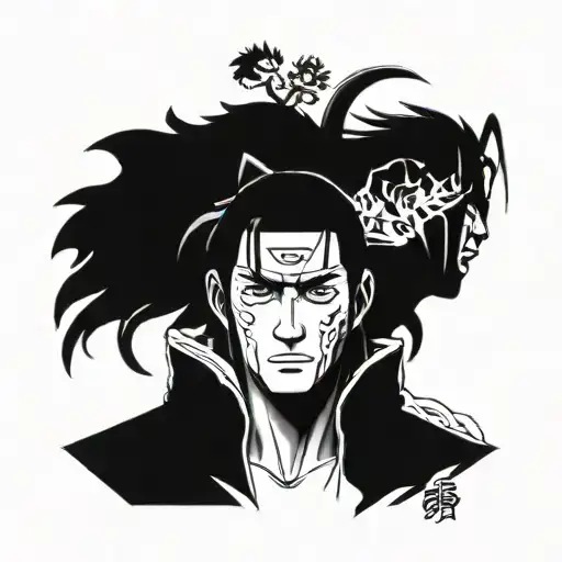 A portrait-style tattoo of Itachi and Jiraya, showcasing their unique personalities and characteristics in a detailed and realistic manner tattoo design idea