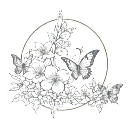 It is the name of "majo" surrounded by flowers, butterflies and the moon, it is also the representation of the transformation of a tattoo design idea