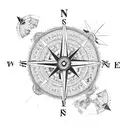 Large compass in the middle which has fallen under torn maps, planes fly tattoo design idea