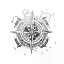 Large compass in the middle which has fallen under torn maps, planes fly tattoo design idea
