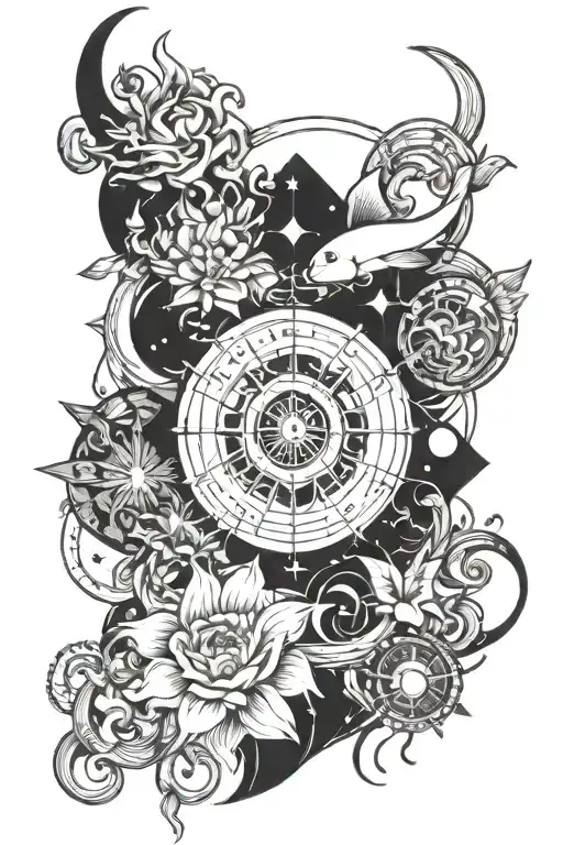 combine zodiac signs of cancer,leo,libra and pisces tattoo design idea