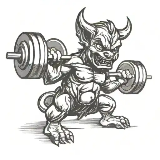 baby devil lifting weights in a gym tattoo design idea