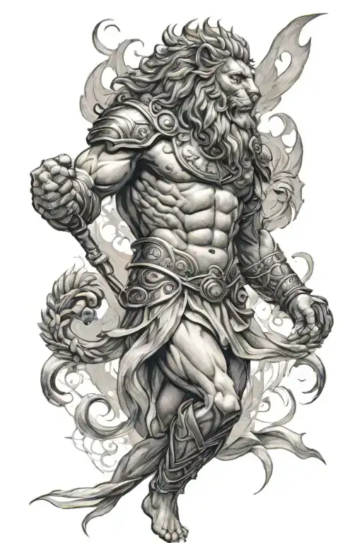 3/4 sleeve, Roman Empire theme, gladiator, Hercules vs. Nemean lion, laurel wreath, ancient columns, rays of light  tattoo design idea