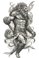 3/4 sleeve, Roman Empire theme, gladiator, Hercules vs. Nemean lion, laurel wreath, ancient columns, rays of light  tattoo design idea