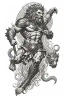 3/4 sleeve, Roman Empire theme, gladiator, Hercules vs. Nemean lion, laurel wreath, ancient columns, rays of light  tattoo design idea