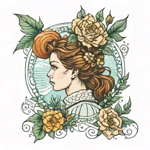 anne of green gables, back facing the viewer, two long braida  tattoo design idea