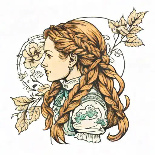 anne of green gables, two long braids in her hair, back facing the viewer tattoo design idea