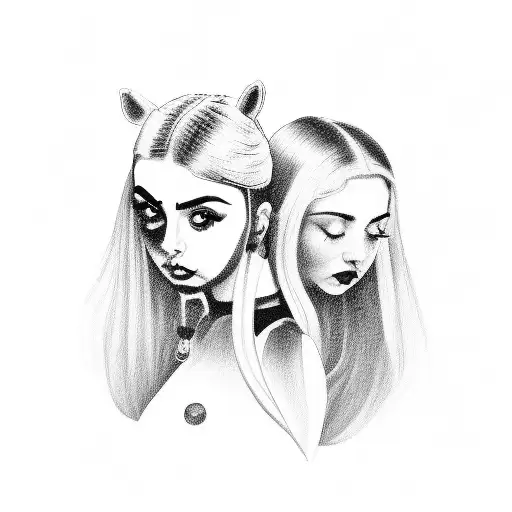 A portrait tattoo of Charli XCX and Ariana Grande in a yin and yang style, symbolizing their musical connection tattoo design idea