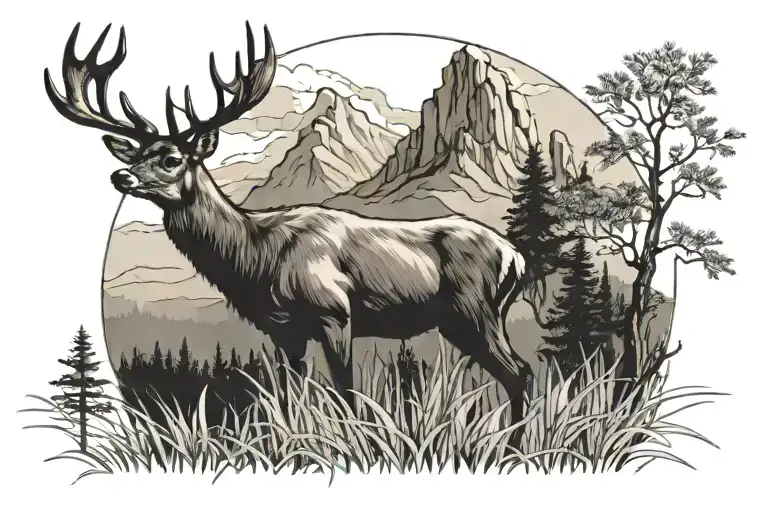 deer standing in grass with trees in the backgroung with mountains behind the trees with a cross ontop of the mountain a tattoo design idea