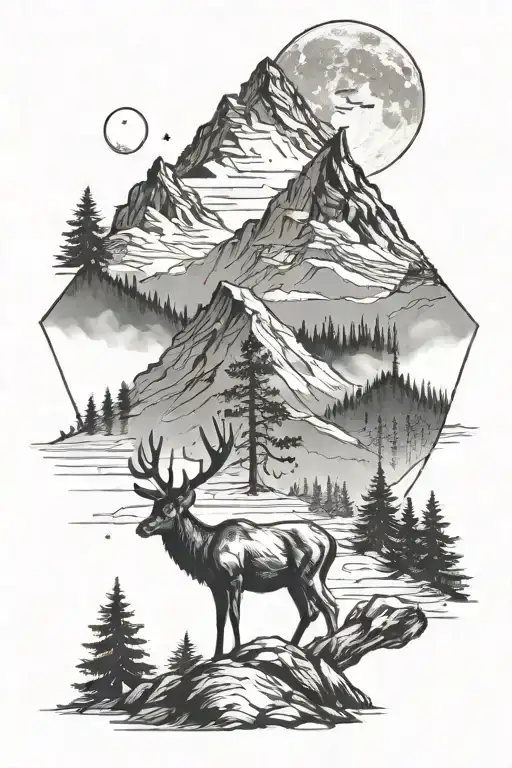 a fully black deer, with black pine trees and a mountain inthe background with a moon behind the mountain  tattoo design idea