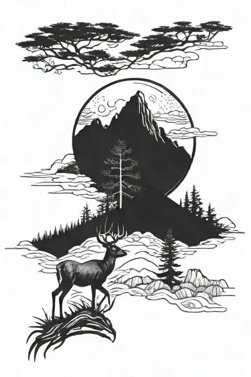 a blacked out deer with black pine trees, a mountain and a moon behind the mountains tattoo design idea