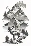 a fully black deer, with black pine trees and a mountain inthe background with a moon behind the mountain  tattoo design idea