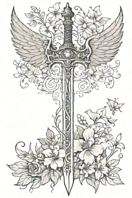 sword with fairy wings and flowers tattoo design idea