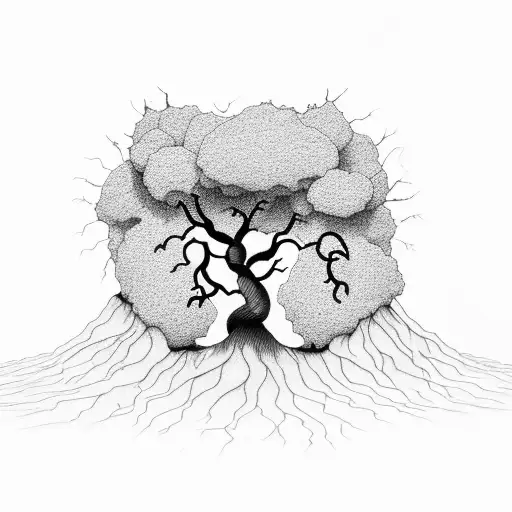 2 trees with shared roots, love erupting volcanos tattoo design idea