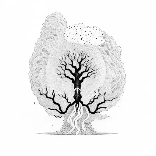 trees with shared roots, love erupting volcanos tattoo design idea