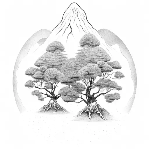 2 trees with joined roots, volcanos, love tattoo design idea