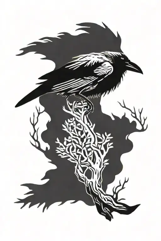 raven perched on juniper tree tattoo design idea