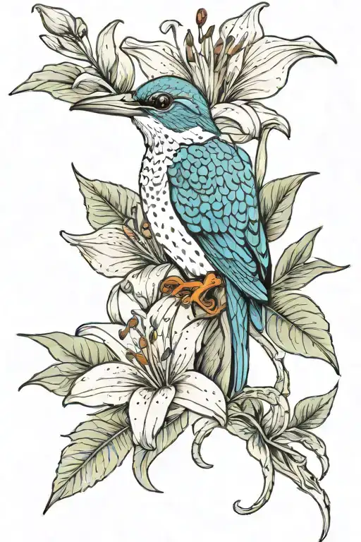 Lily and leaves with kingfisher and a quote in fineline tattoo design idea
