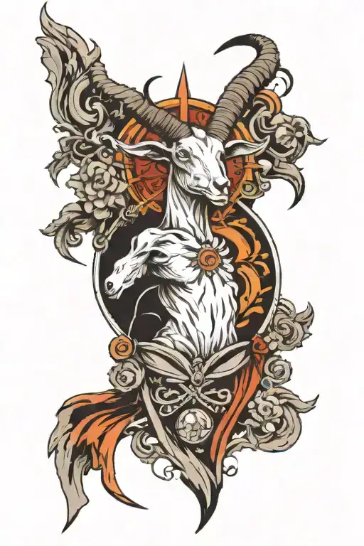Full sleeve, with anti-Christian theme. The central figure should be a goat's head looking to the left tattoo design idea